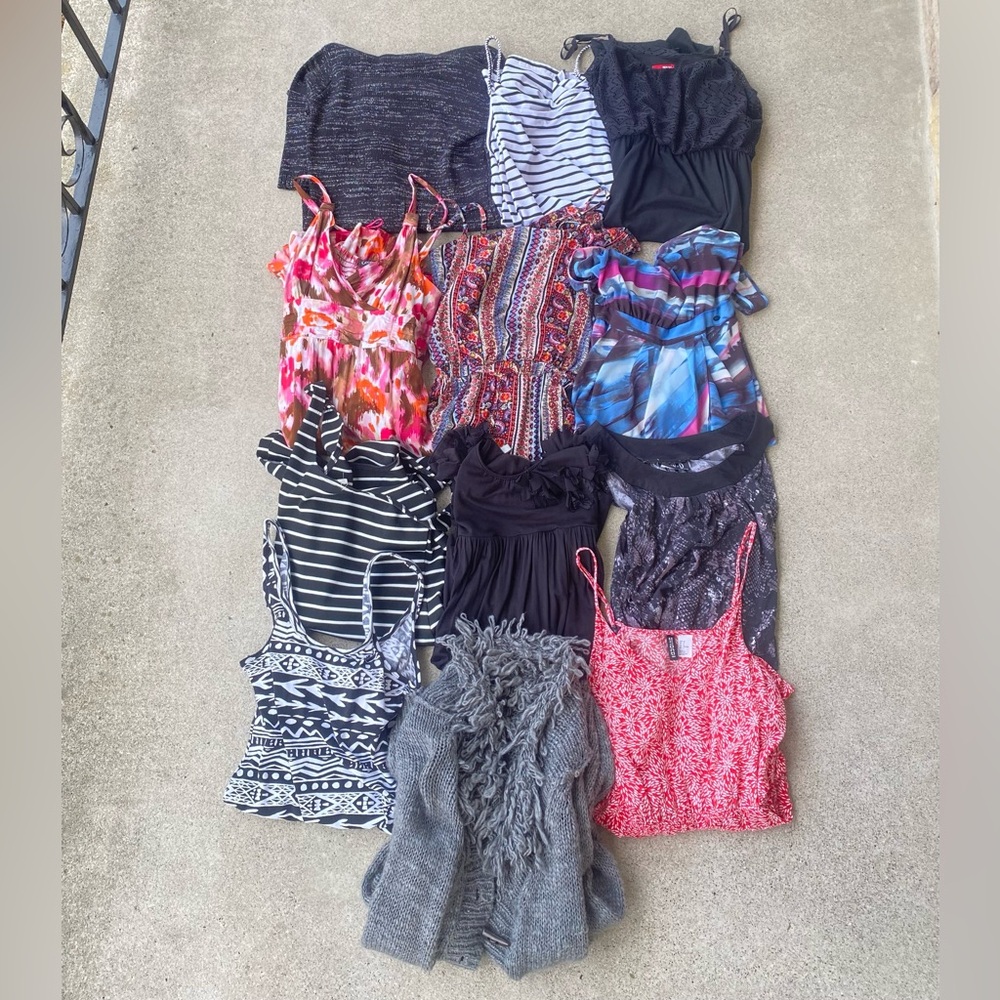 12 Womens Dresses, Romper & Cardigan Sweater Clothing Lot Sizes are XS, S, and M